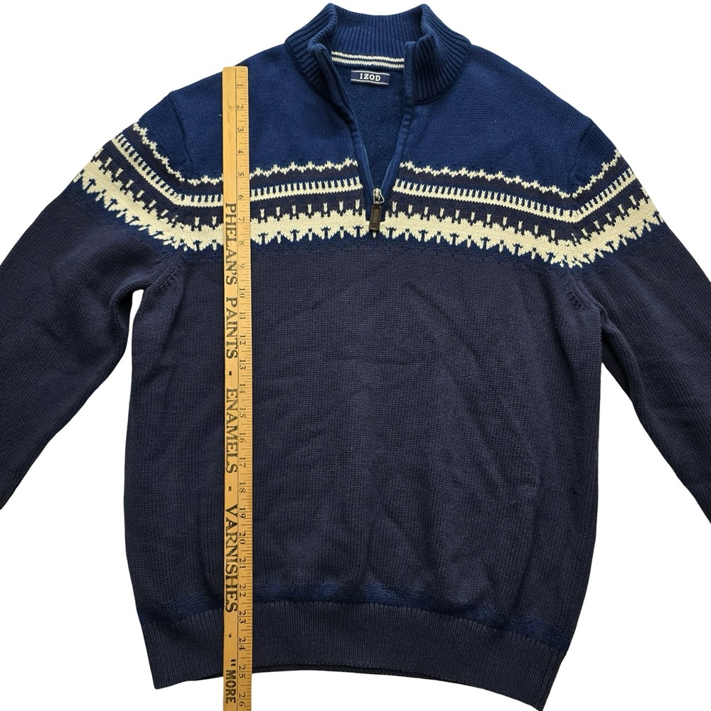 IZOD Fair Isle‎ Quarter Zip Sweater Navy Men’s Large Cotton Blend *small hole* - Picture 5 of 10